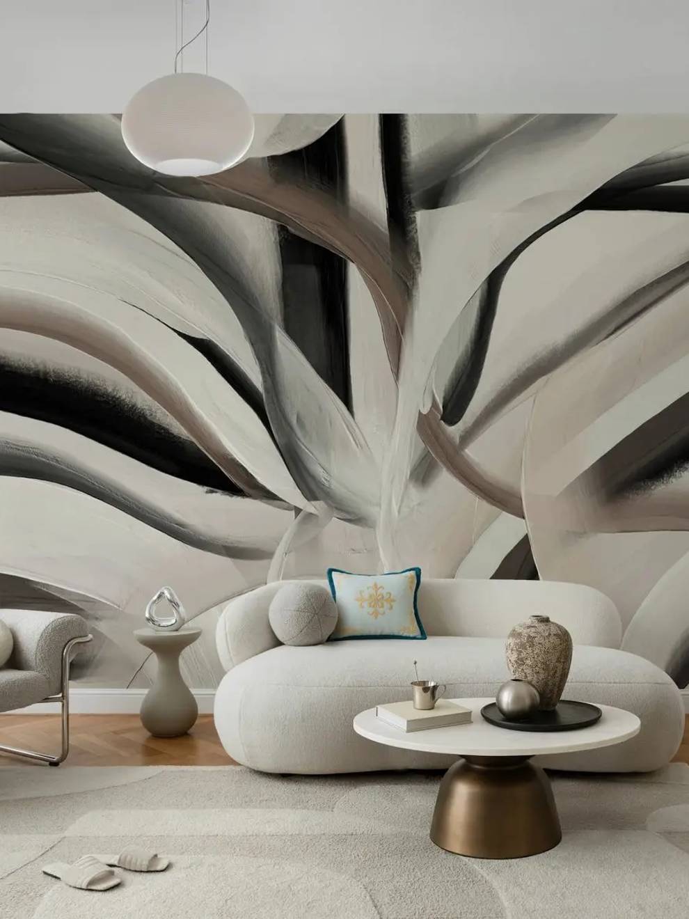 Black and Cream Abstract Brushstroke Wallpaper Mural