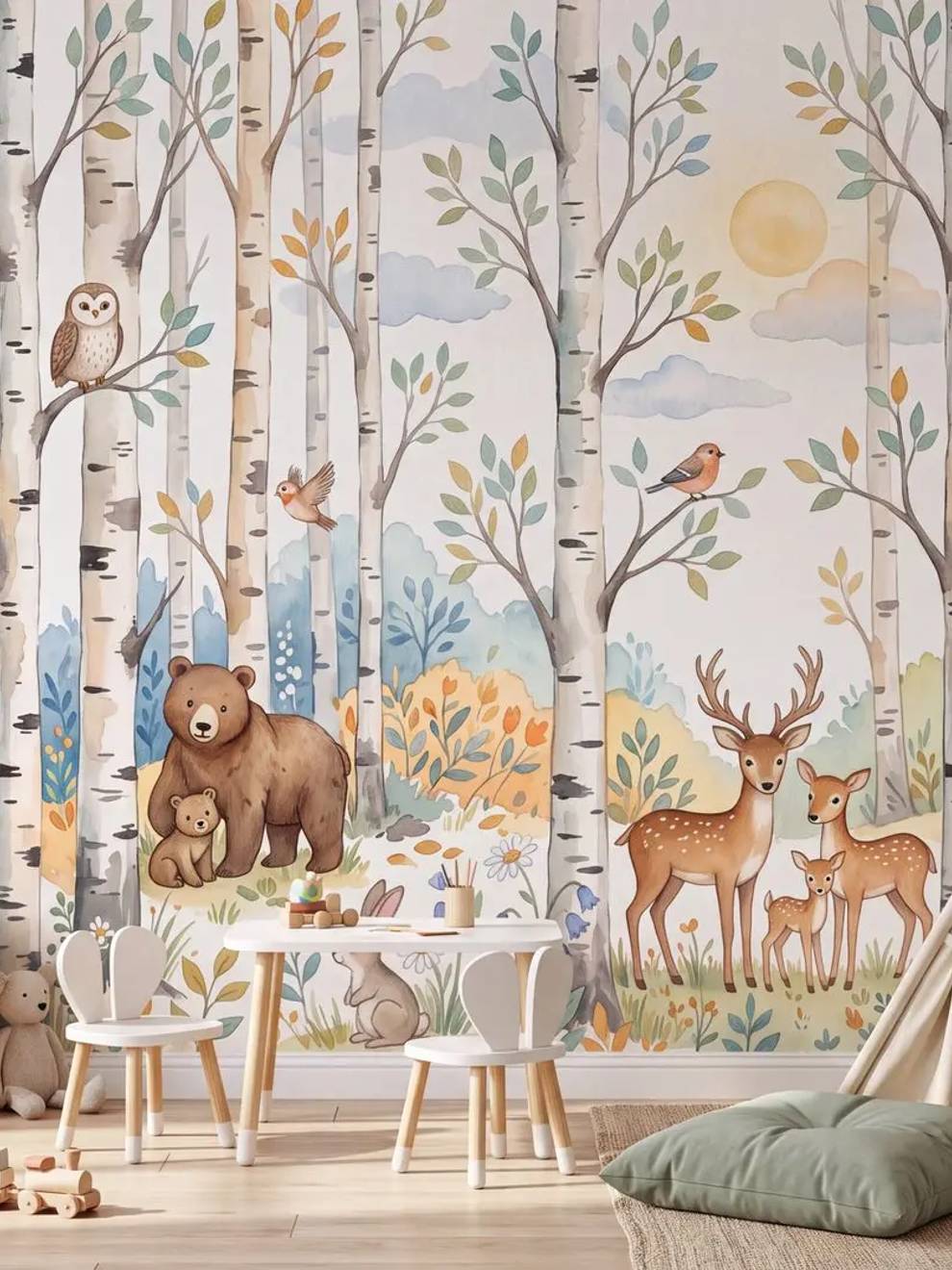 Woodland Animals Birch Forest Wallpaper Mural