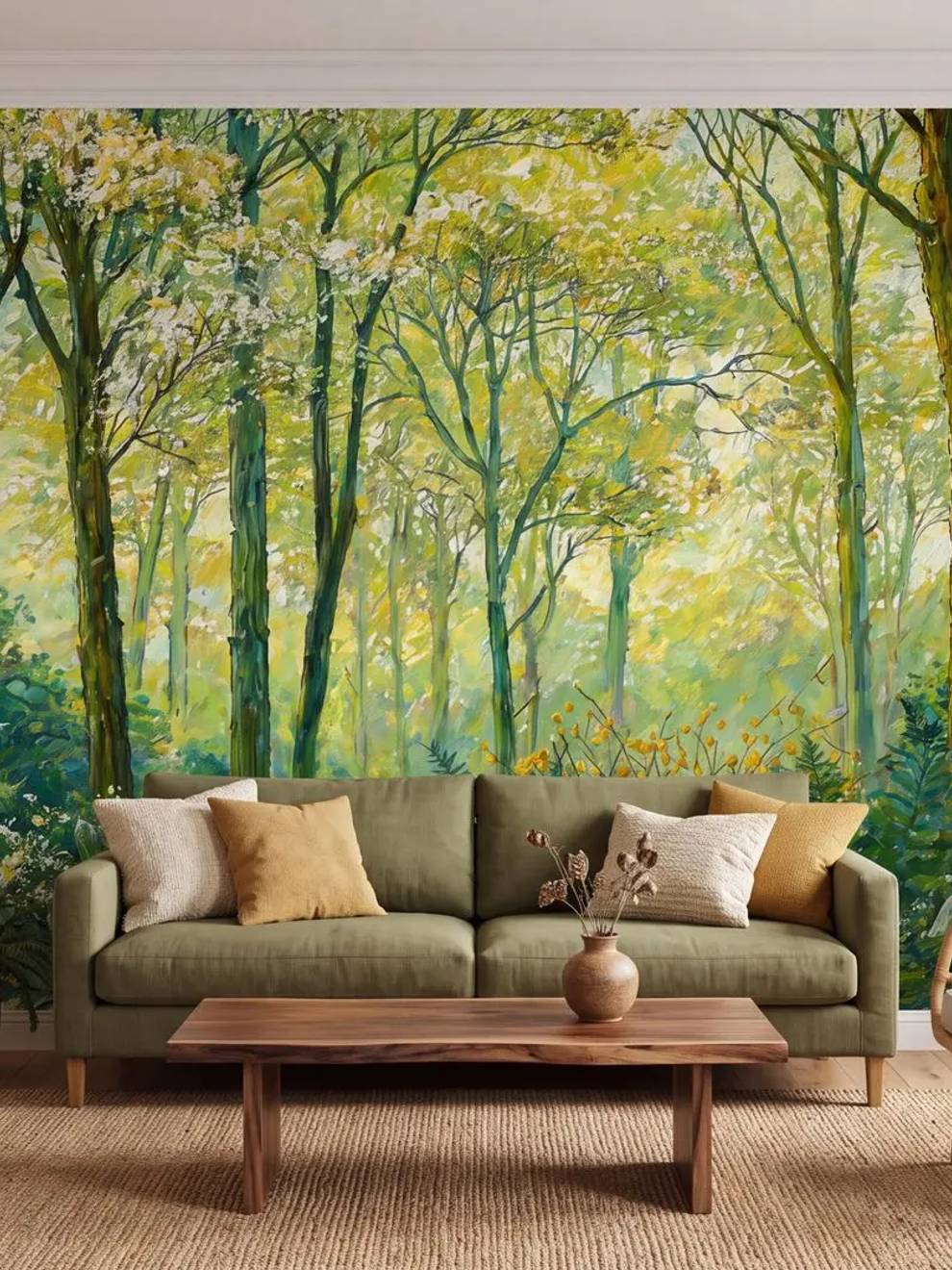 Nature Wallpaper Mural with Sunlit Forest Trees