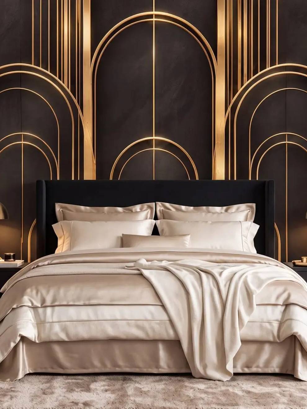 Art Deco Black Wallpaper Mural with Gold Arches