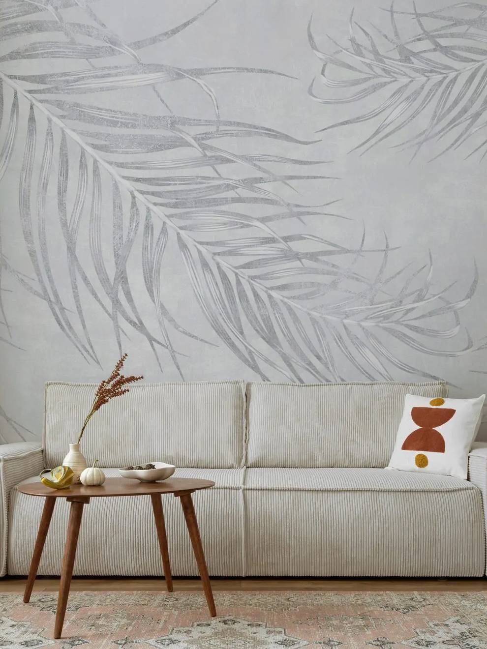 Pale Grey Palm Leaf Wallpaper Mural