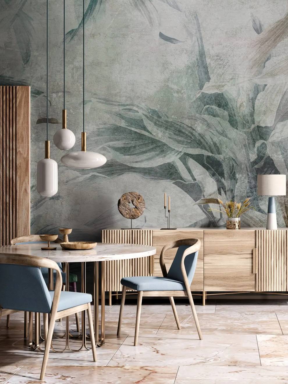 Nature Wallpaper Mural with Sage Botanical Leaves