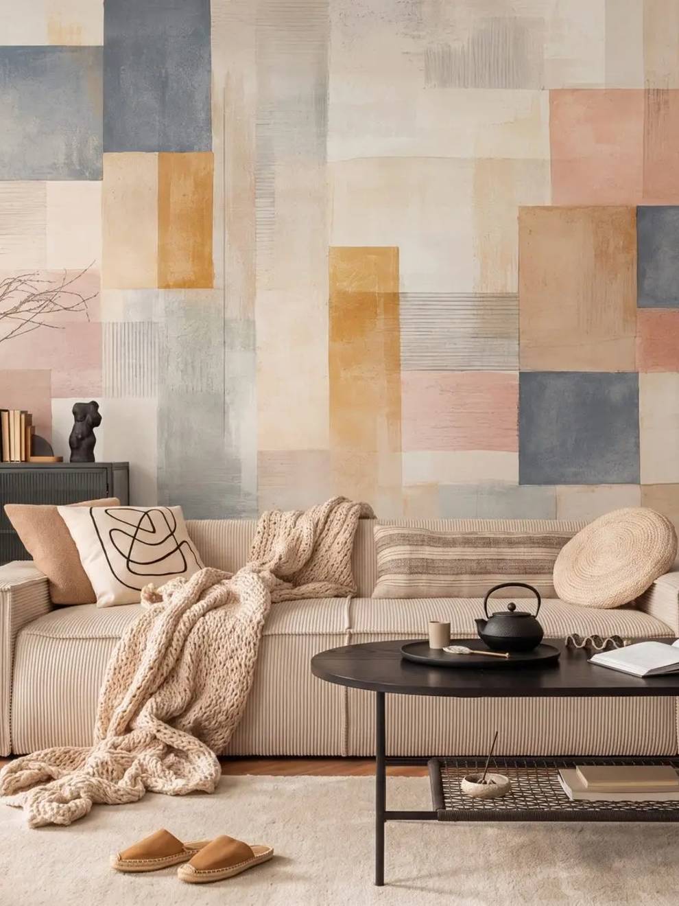 Textured Geometric Wallpaper in Blush and Ochre