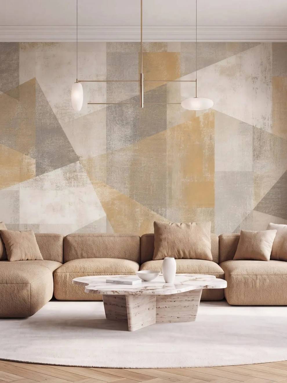 Cream Wallpaper Mural with Geometric Gold Shapes