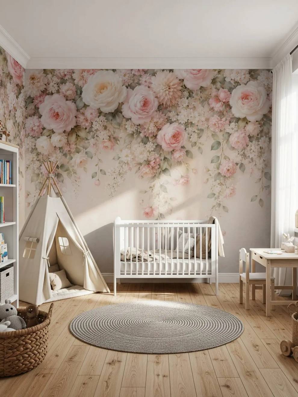 Dark Rose Wallpaper Mural with Blush Floral Canopy