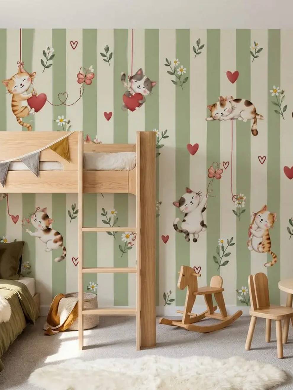 Cute Floral Wallpaper Mural with Kittens