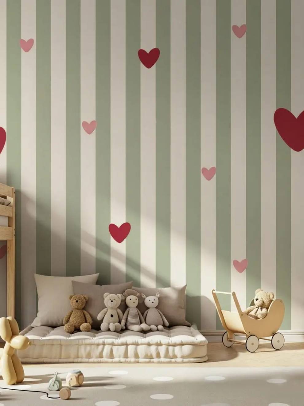 Sage Green Heart Stripe Wallpaper Mural
