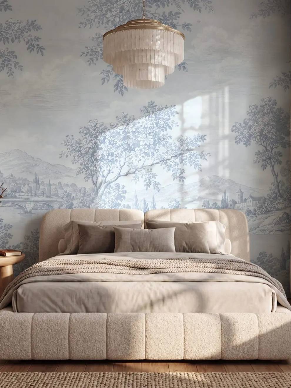 Powder Blue Toile Landscape Wallpaper Mural