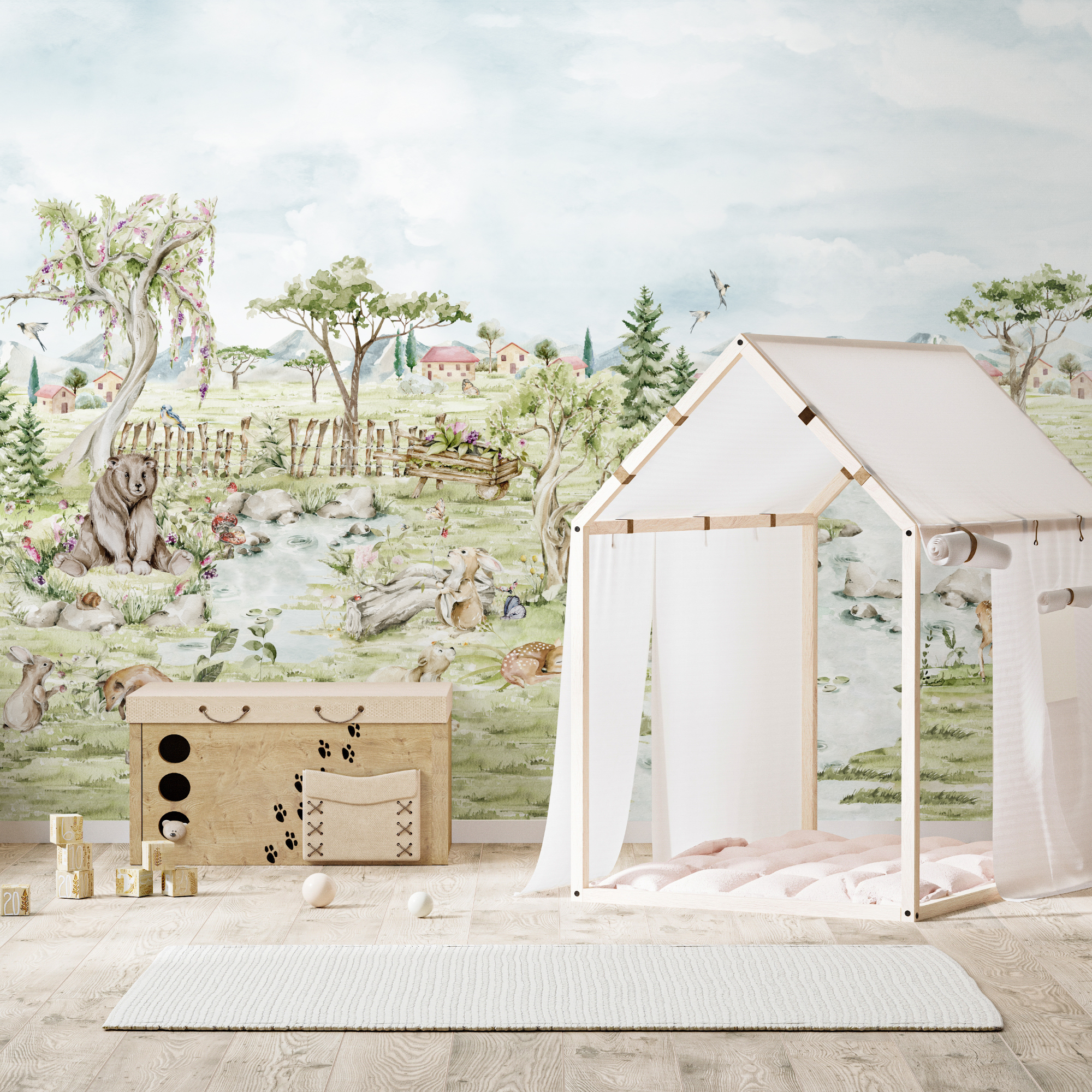 Serene Pastoral Landscape with Animals Wallpaper