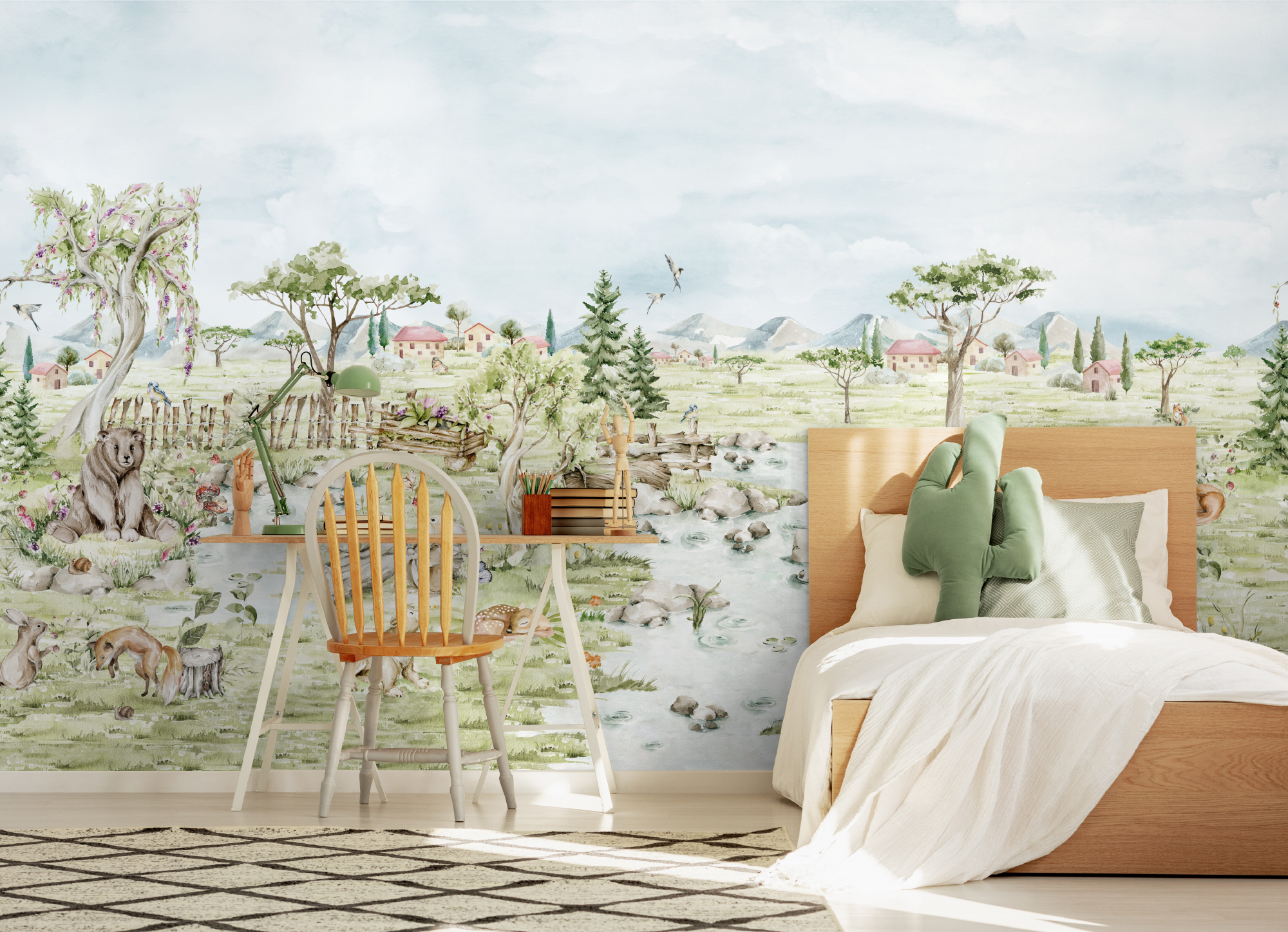 Serene Pastoral Landscape with Animals Wallpaper