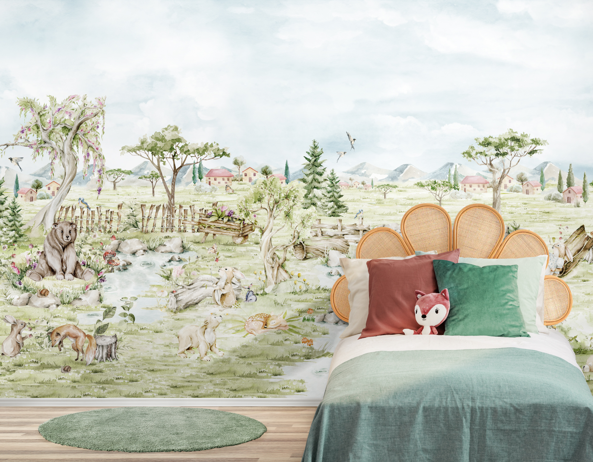 Serene Pastoral Landscape with Animals Wallpaper