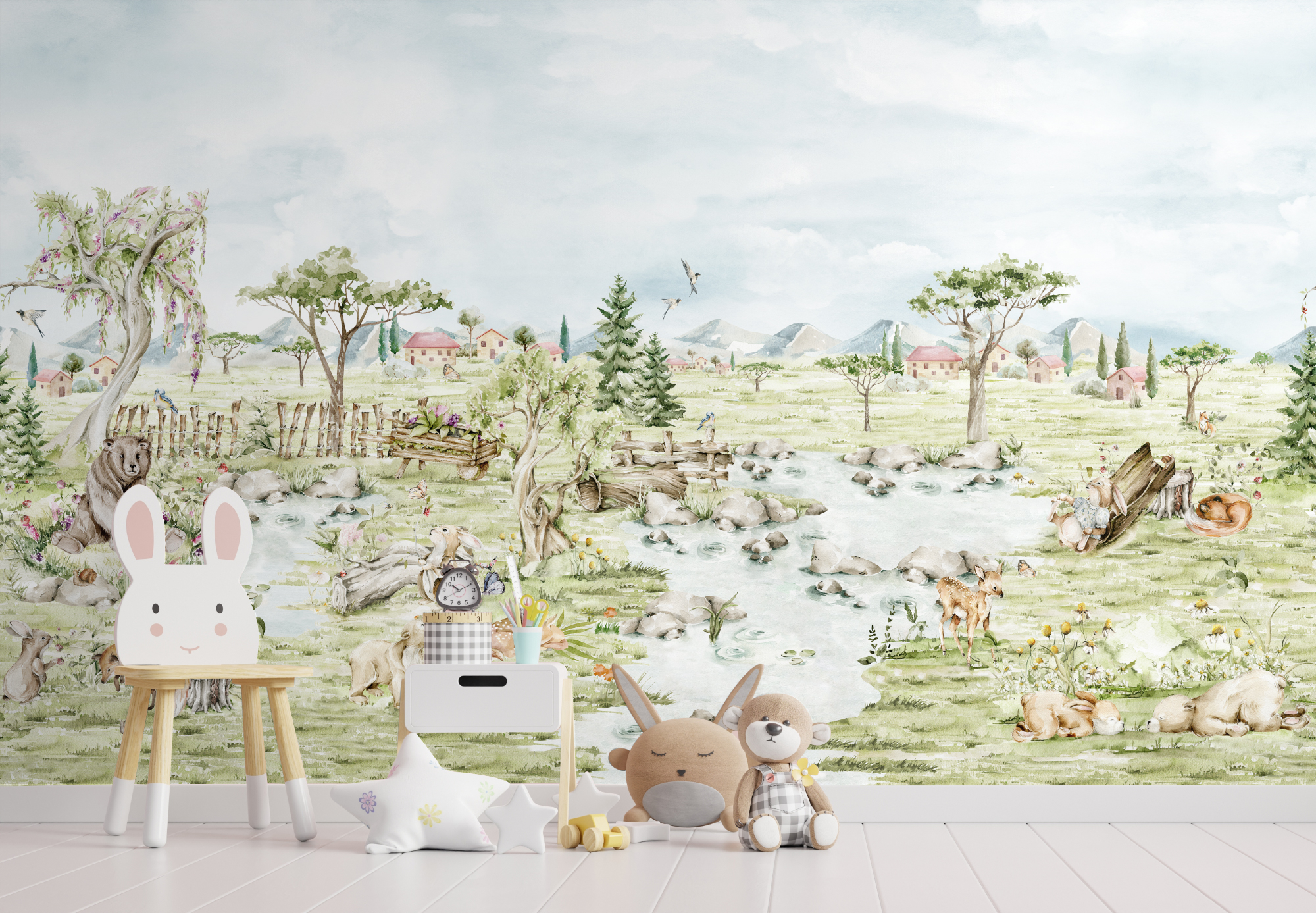 Serene Pastoral Landscape with Animals Wallpaper