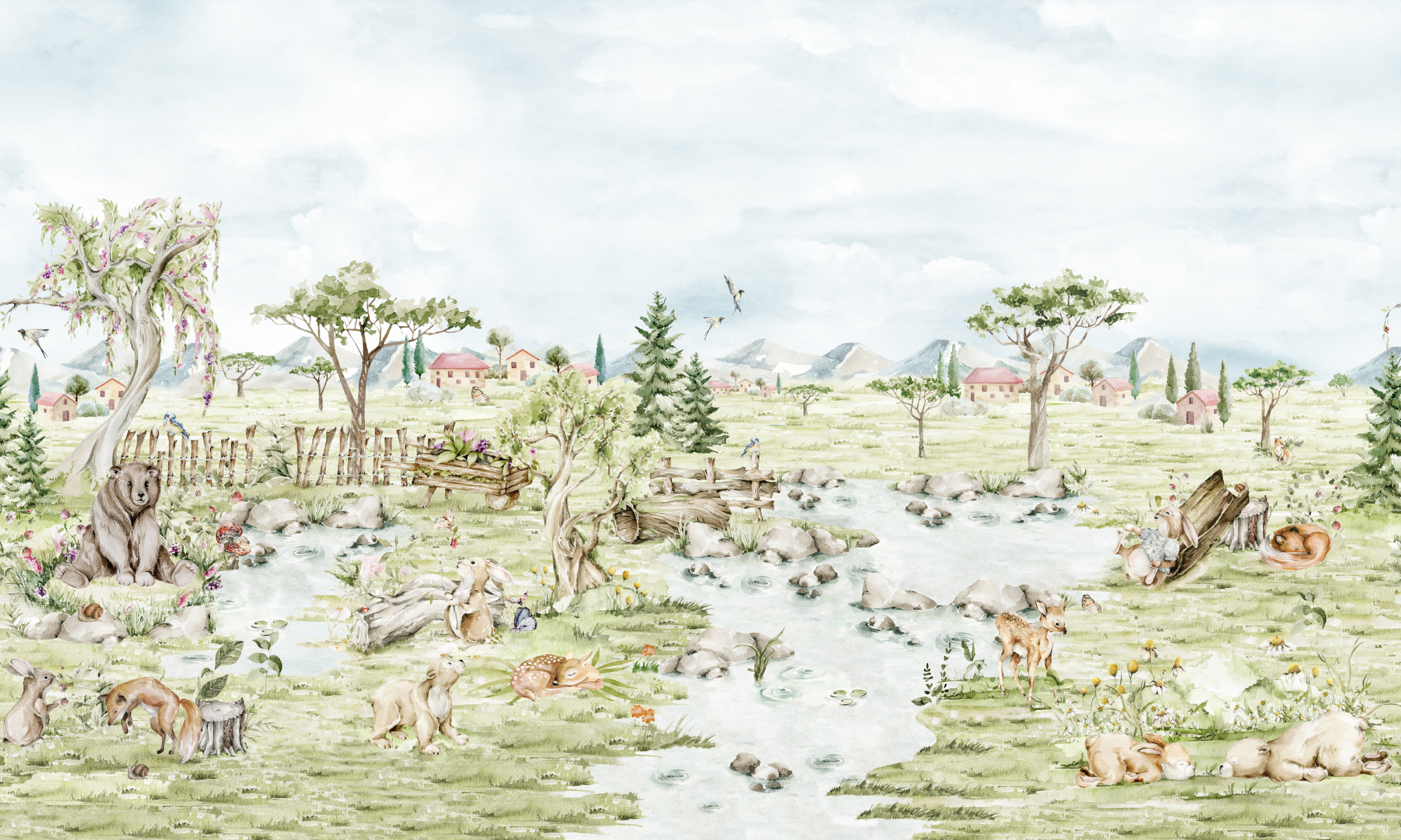 Serene Pastoral Landscape with Animals Wallpaper